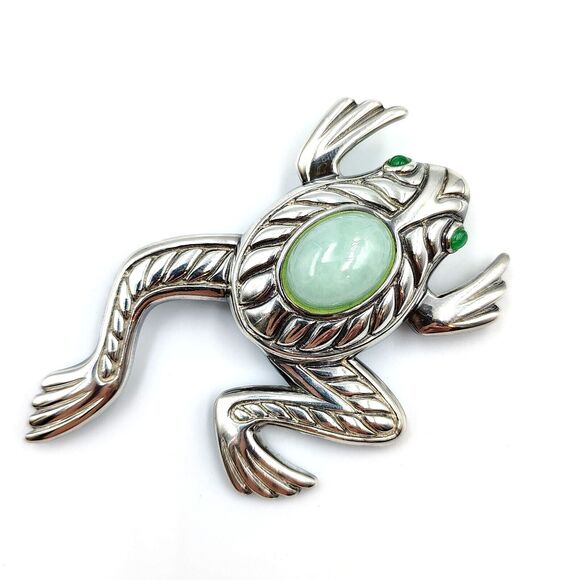 QVC Judith Ripka Sterling Silver 925 Green Jade Cabochon Lager Frog Brooch Pin